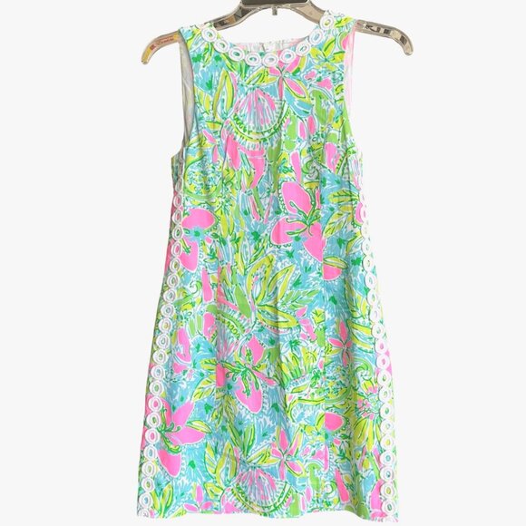 "Clearance" Lilly Pulitzer Mila Green Pink Floral Crochet Trim Shift Dress Sz 00 - Picture 1 of 6